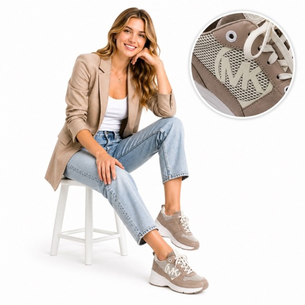 Michael Kors Mickey Trainer Leather Suede Mesh Sneakers Light Sand 11 Chic 36-15